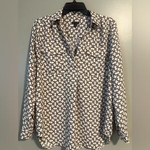 Ann Taylor Chainlink print blouse women's long sleeve green ivory size medium